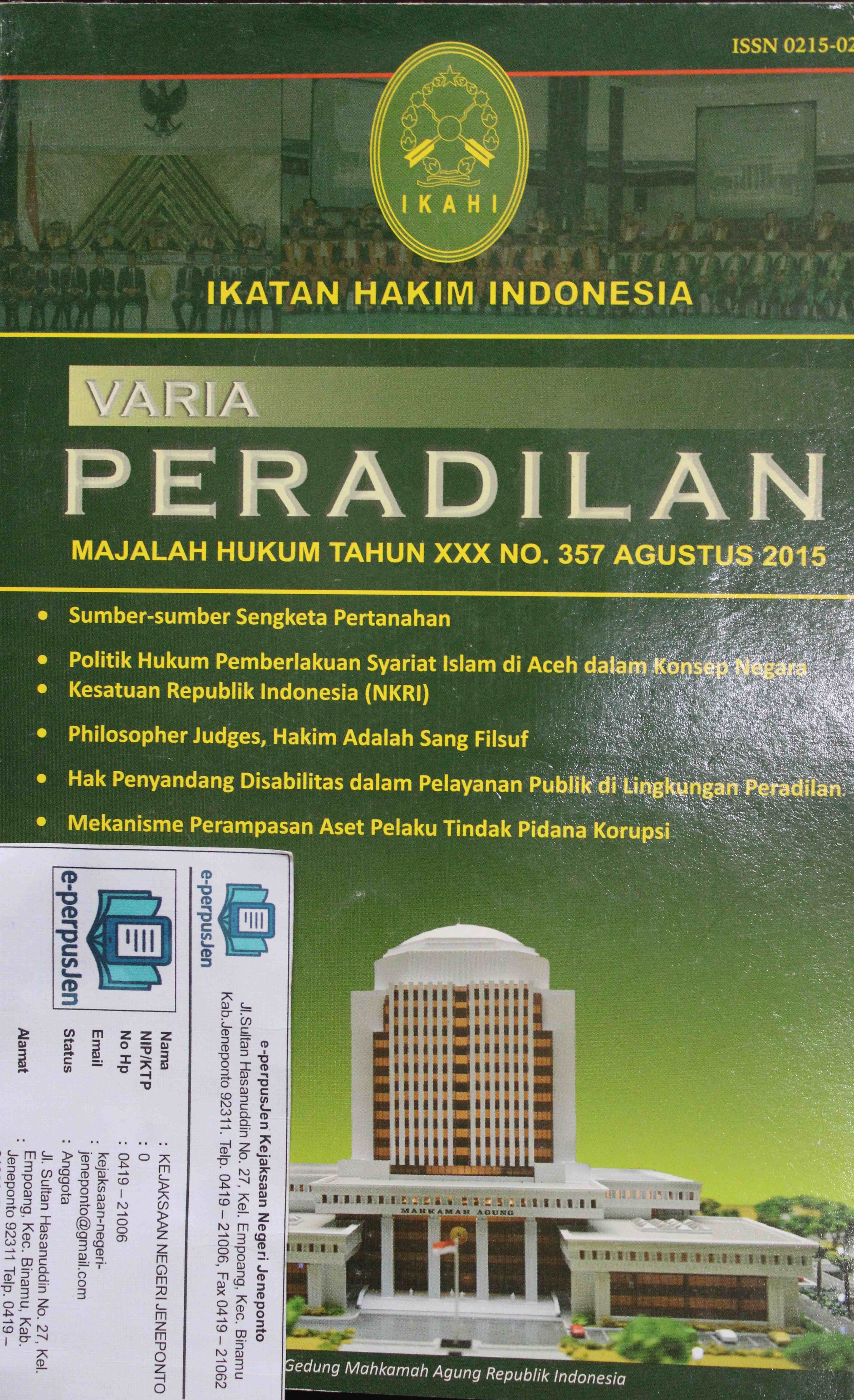 Varia Peradilan Majalah Hukum Tahun XXXI No 357 Agustus 2015